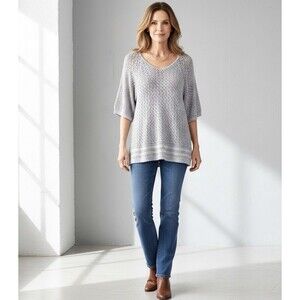 Faded Glory light grey crochet boho sweater S short sleeve lightweight V shaped